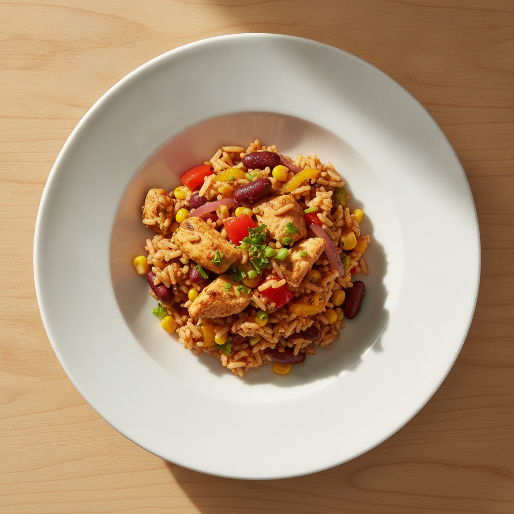 Cajun jambalaya uit één pan met kipblokjes, paprika, mais en kidneybonen