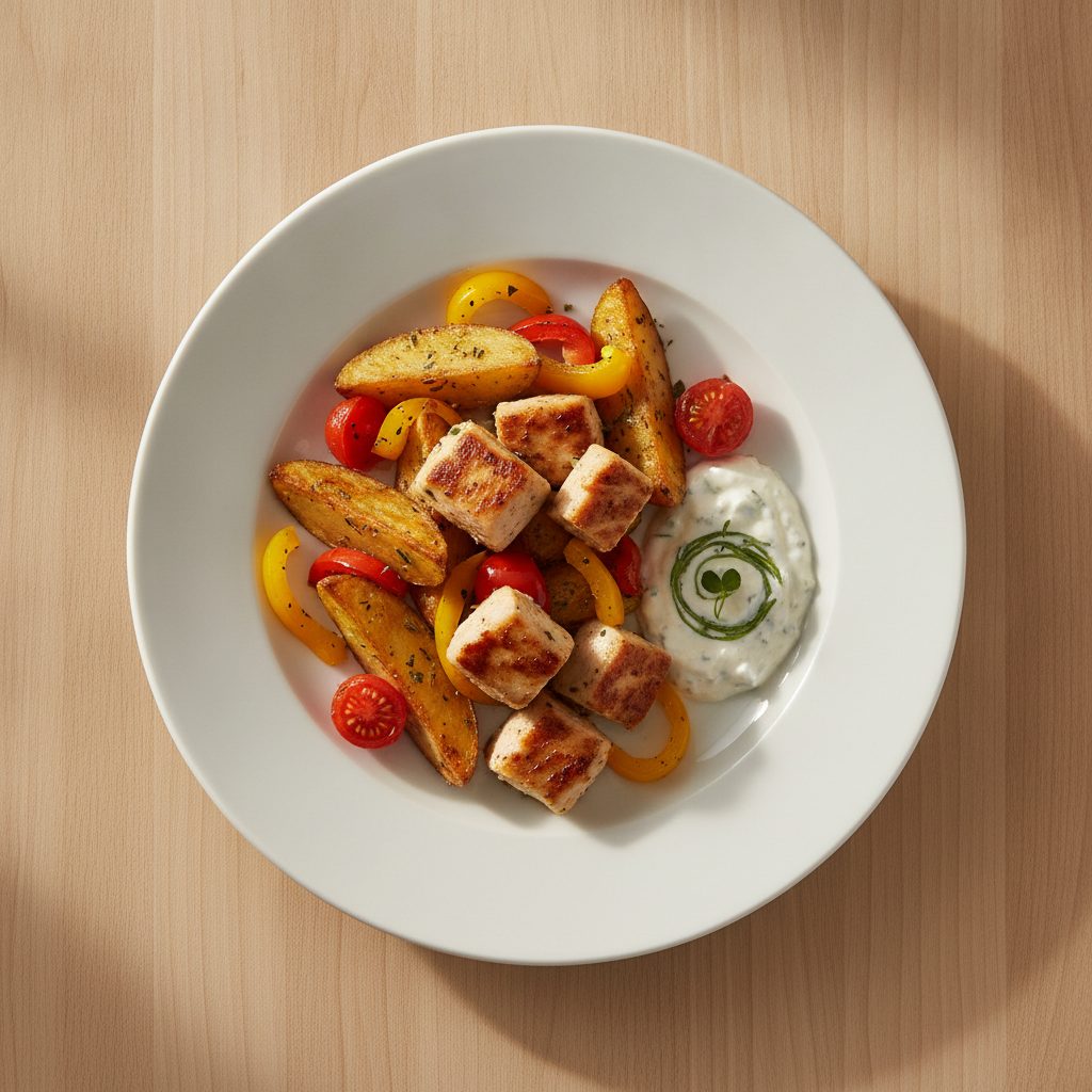 Griekse kip-plaatschotel met oregano-aardappelen, paprika, snoeptomaatjes en knoflook-kwarksaus